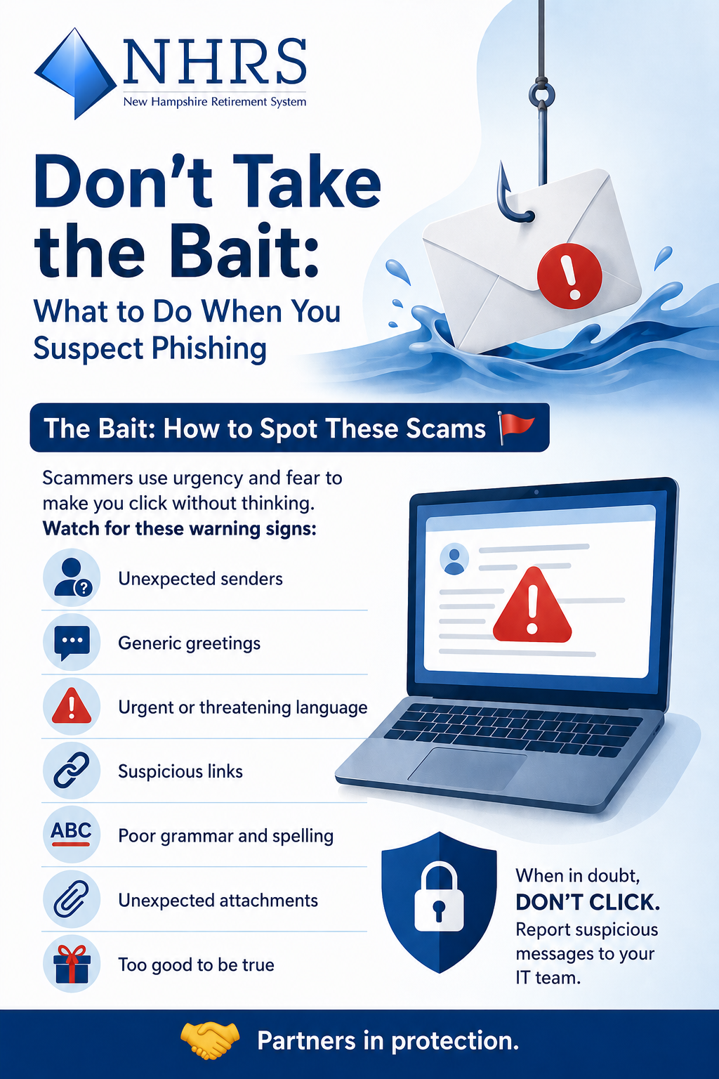 NHRS anti-phishing graphic highlighting common warning signs, including suspicious senders, urgent language, links, and attachments. When in doubt, don’t click.